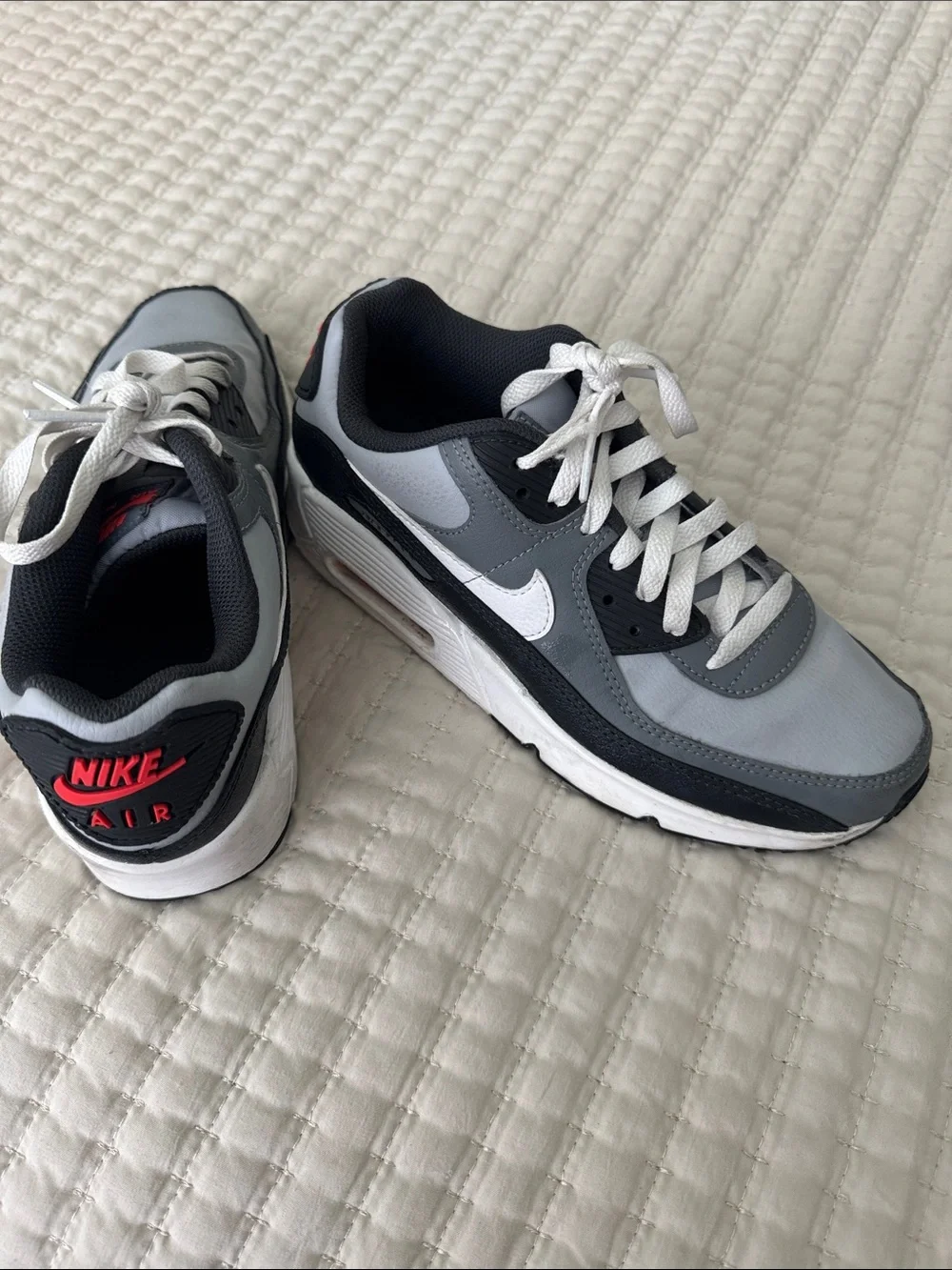 Nike Kids Grey, Black & White Air Sneakers with Red Heel Logo
